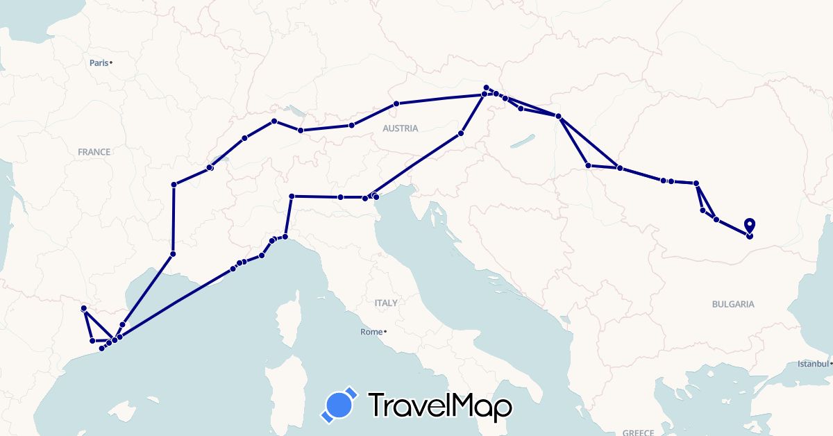 TravelMap itinerary: driving in Andorra, Austria, Switzerland, Spain, France, Hungary, Italy, Liechtenstein, Monaco, Romania (Europe)